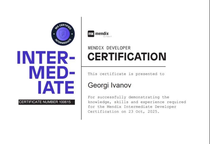 Georgi Ivanov Mendix Intermediate Developer Official Certificate